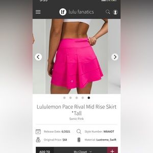 LULULEMON Pace Rival Mid Rise Skirt Tall*- Sonic Pink Size 6